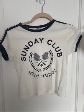 Urban Outfitters White and Navy 'Sunday Club' Graphic Baby T